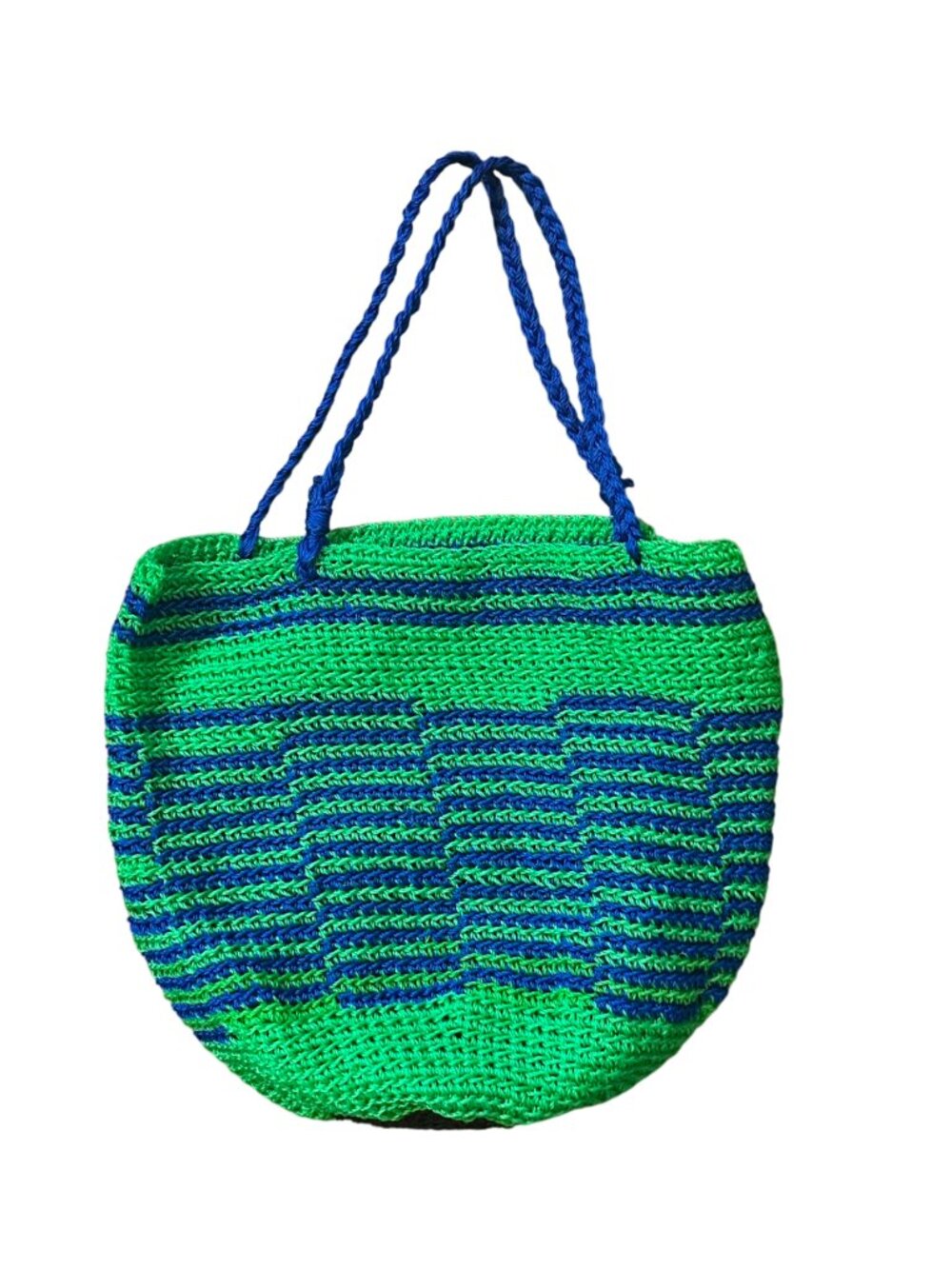 60s 70s Vintage Blue & Green Striped Woven Shoulder Tote Bag